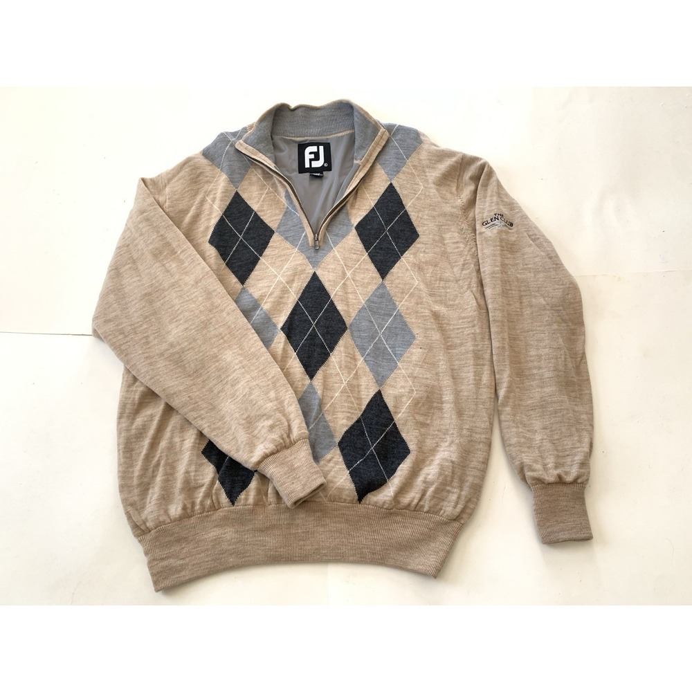 Footjoy Quarter Zip Golf Sweater Mens XXL Tan Beige Argyle 100% Wool Wind Logo